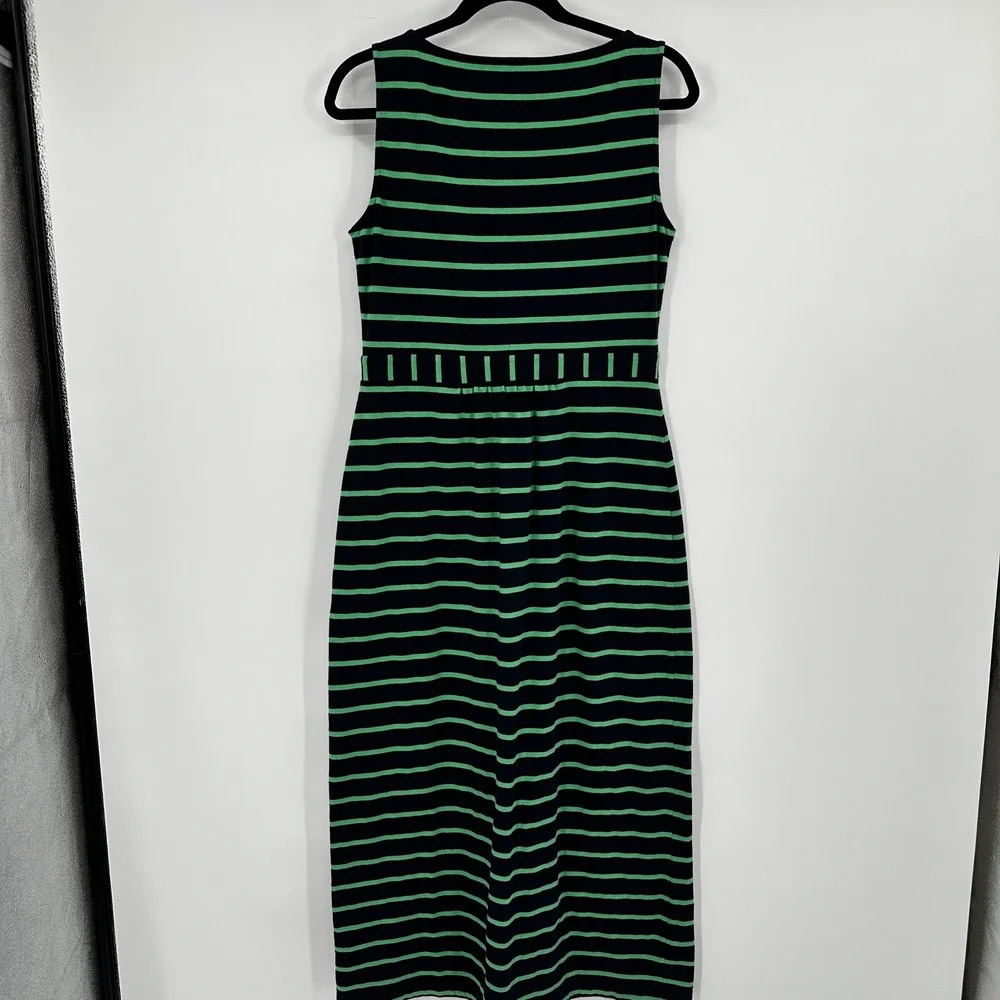 Talbots Petites Navy Green Striped Maxi Dress MP Empire Waist Sleeveless Cotton